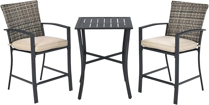 Tangkula 3 Piece Patio Bar Set, Outdoor Bistro Set w/ 27.5" Square Table, 2 Wicker Cushioned Chairs, Ergonomic Armrest & Backrest, All-Weather Rattan Furniture Set for Patio, Backyard, Garden