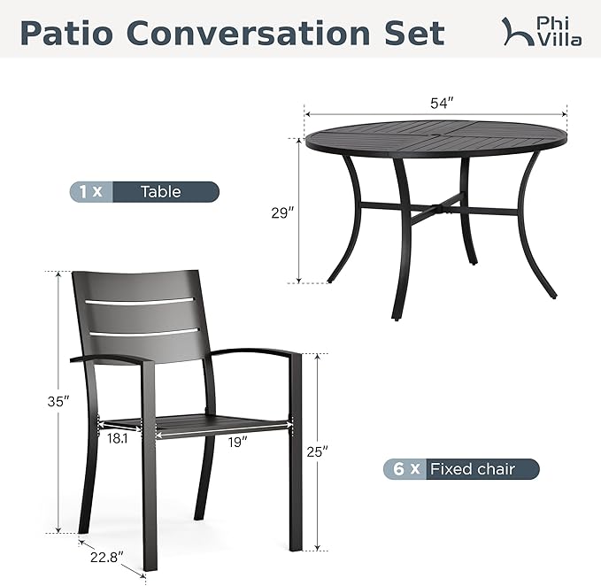 PHI VILLA 7 Pieces Outdoor Patio Dining Set for 6, 54”Round Black Metal Steel Table with Umbrella Hole & Stacking Wrought Iron Chairs, Modern Outside Furniture for Deck, Yard, Porch