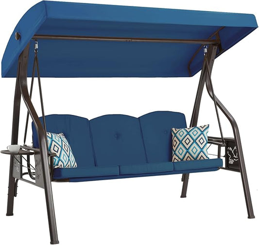 3-Seat Outdoor Porch Swing with Stand, Patio Swing with Canopy, 2 in 1 Porch Swing Bed & Patio Swing Chair for Adult w/Extra Pillows and Cup Holder for Yard (Blue)
