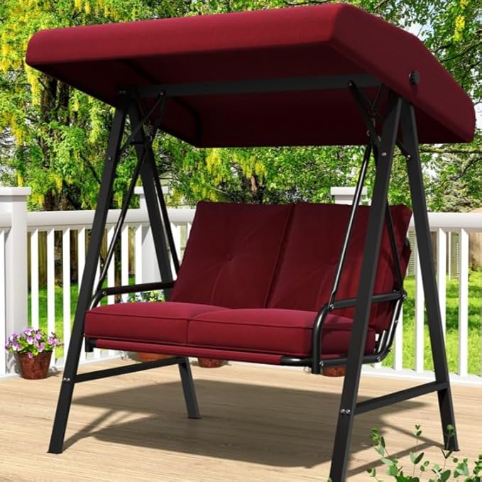 AECOJOY 2-Seat Outdoor Patio Swing Chair with Adjustable Canopy, Porch Swings Chairs for Adult, Outside Swing Bench with Removable Cushion, Suitable for Backyard, Garden, Yard, Poolside, Balcon, Red