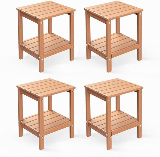 GREENVINES Adirondack-Outdoor-Side-Table | Set of 4 | 14 x 13 Inches | HDPE Plastic | All Weather | Teak | Outside End Tables | Storage Shelf | for Patio Porch Backyard Indoor