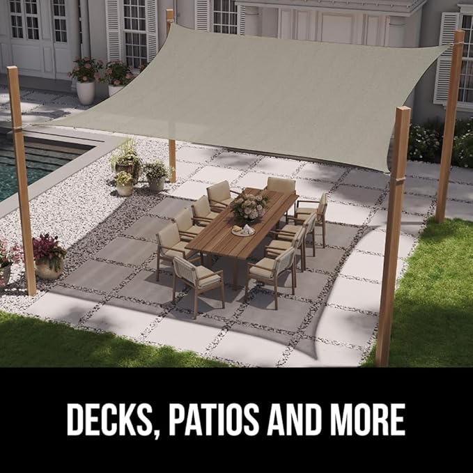 GORILLA GRIP Heavy Duty Sun Shade, UV Protection Fade Tear and Rust Resistant Rectangle Sunshade Canopy, Curved Edges Blocks Sunlight, Breathable Sail, Outdoor Patio, Lawn Garden 10x13 FT Gray
