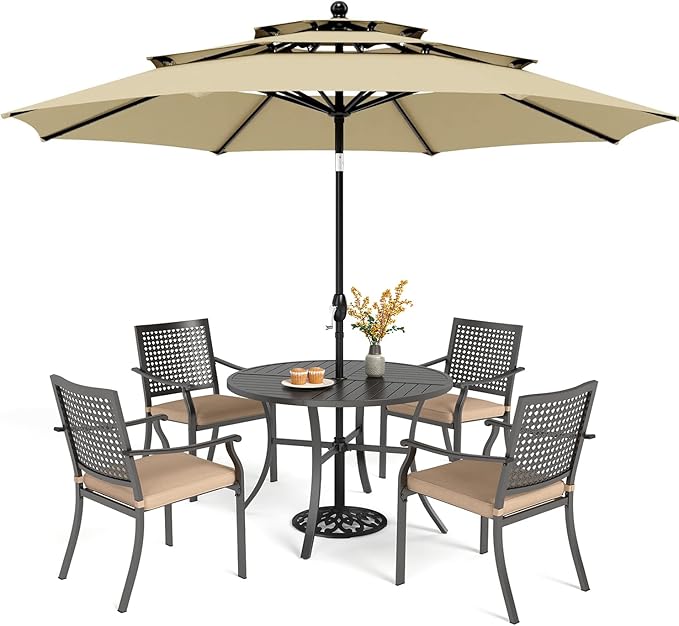 PHI VILLA 5 Pieces Outdoor Dining Set for 4 with Umbrella, 42" Large Round Metal Steel Table & Stackable Iron Chairs with Cushions & 10ft Beige Umbrella, Modern Furniture for Patio, Deck, Yard, Porch