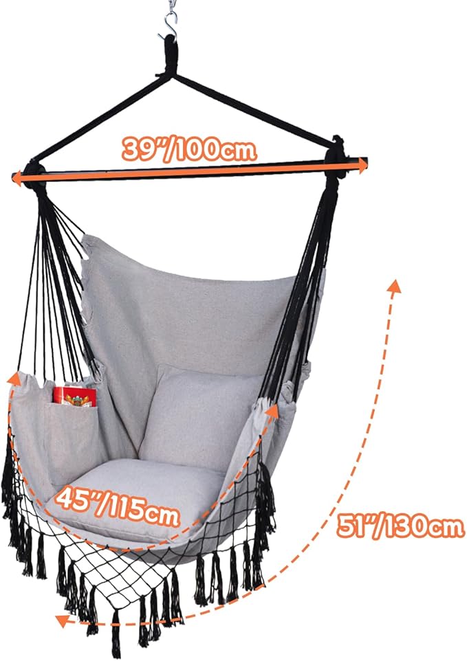 Hammock Chair Hanging Rope Swing Chair,Max 450 Lbs, Large Hanging Chair with Pocket, 2 Cushions, Removable Steel Bar, Hardware Kit Included, Superior Comfort for Indoor Outdoor (Light Grey)