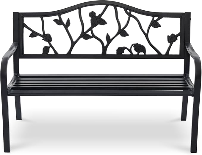 50" Outdoor Garden Bench, Cast Iron Metal Outdoor Benches Weatherproof with Artistic Strawberry Backrest, Black Patio Bench for Porch, Backyard, Lawn