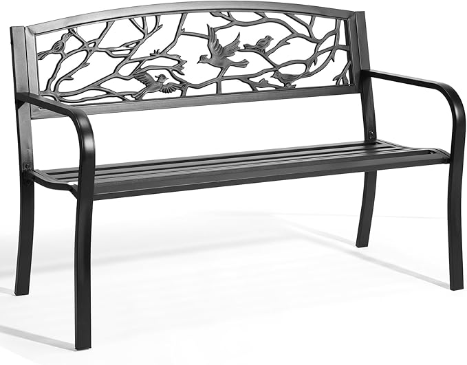 Outvita Outdoor Bench, 50" Iron Steel Frame Garden Bench with Magpie Pattern and Plastic Backrest Armrests, Patio Bench for Garden Park Yard Front Porch Patio, Black