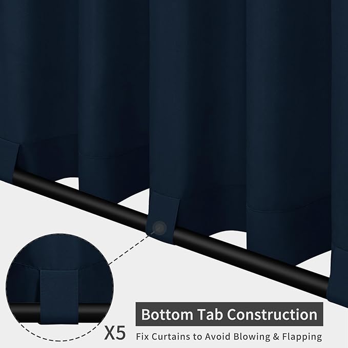 Easy-Going Outdoor Patio Curtains Detachable Tab Top Windproof Weatherproof Curtain for Cabana, Porch, Pergola and Gazebo, Tab Bottom Drape, 2 Panels, 110W x 96L inch, Navy