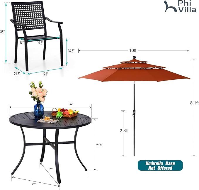PHI VILLA 5 Pieces Outdoor Dining Set for 4 with Umbrella, 42" Large Round Metal Steel Table & Stackable Iron Chairs with Cushions & 10ft Red Umbrella, Modern Furniture for Patio, Deck, Yard, Porch