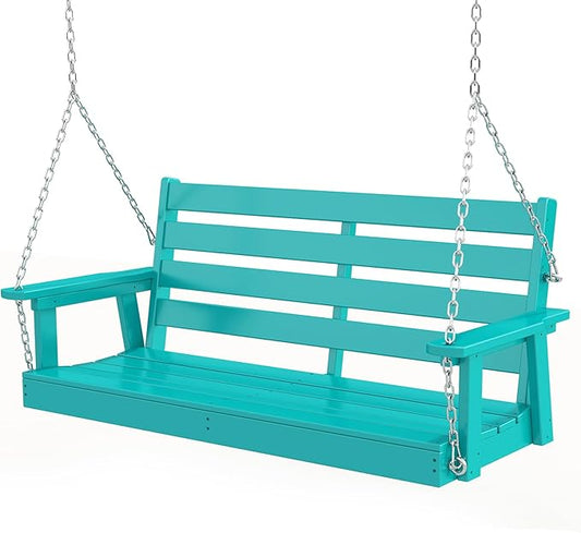 GREENVINES Porch Swing | 51’’ | HDPE Plastic | for Outdoor Patio | All Weather | Waterproof Bench Swings | w/ 4 Stainless Steel Chains | Aqua