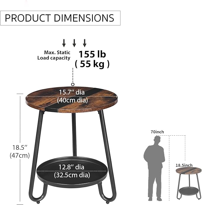 2 Tier Coffee Table in Living Room, Industrial Style Round Coffee Table with Metal Tray, Wood Small Outdoor Coffee Table for Bedroom Balcony Patio, Rustic Brown