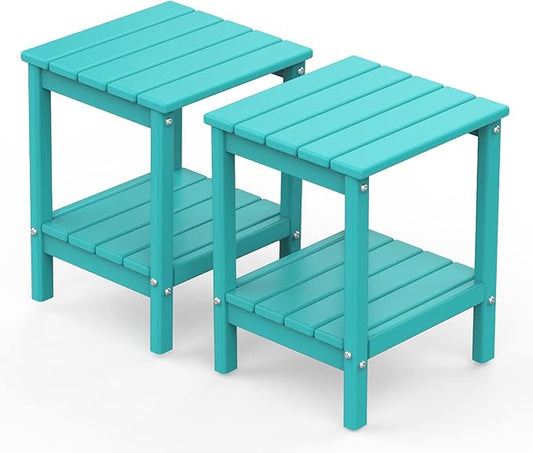 GREENVINES Adirondack-Outdoor-Side-Table | Set of 2 | 14 x 13 Inches | HDPE Plastic | All Weather | Aqua | Outside End Tables | Storage Shelf | for Patio Porch Backyard Indoor