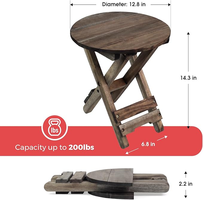Small Patio Table, Outdoor Folding Side Table, Portable Accent Coffee End Table, Wood Top for Living Room, Bedroom (Round - Walnut-Set of 2)