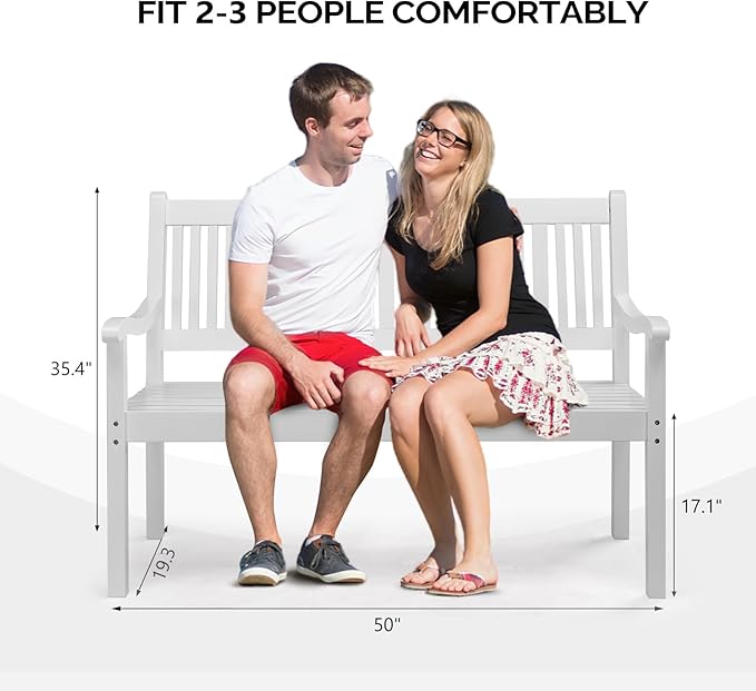 VINGLI 50" Outdoor Wood Bench, Weatehr Resistant Wooden Garden Patio Bench with Comfortable Backrest & Curved Armrest, 800lb Capacity Loveseat for Front Porch Park Yard Deck (White, Dense Slatted)