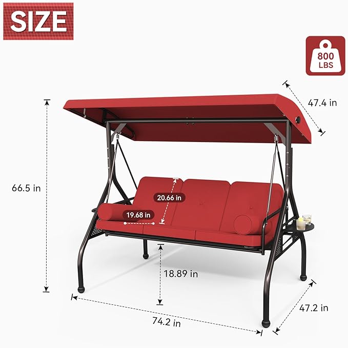 Oakcloud 3-Seat Outdoor Porch Swing,Large Converting Swing Chair with Adjustable Canopy,Patio Swing Glider with Thicken Cushions & Pillows for Poolside Balcony Backyard (Red)