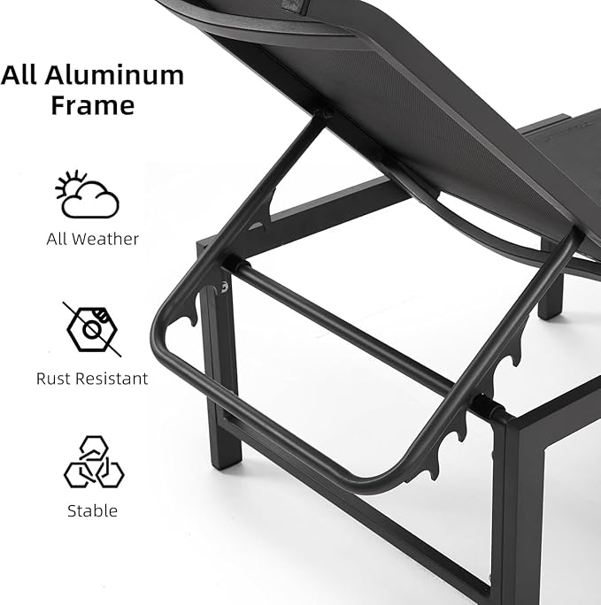 Outdoor Lounge Chairs for Pool, Aluminum Chaise Lounge Chair with 5-Position Recliner, Patio Lounge Chair for Backyard, Poolside, Lawn (Black, 2 Pack)