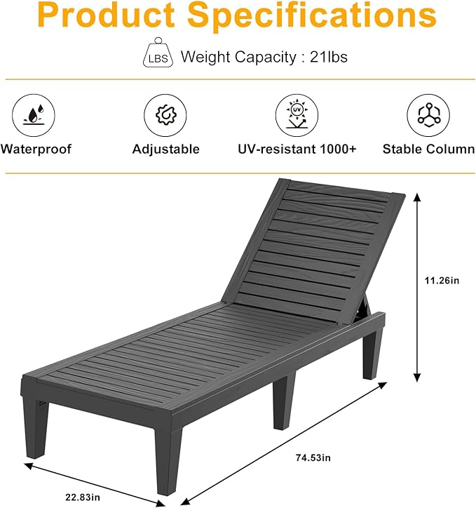 EasyUp Chaise Lounge Chair Outdoor, Resin Lounge Chair with 5-Position Backrest, UV - Resistant, Waterproof for Pool, Beach & Patio (Set of 2-Black1)