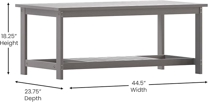BizChair Two Tiered Commercial Grade Adirondack Coffee Table - Gray Finish Poly Resin Wood - All-Weather - Slatted Shelf Design