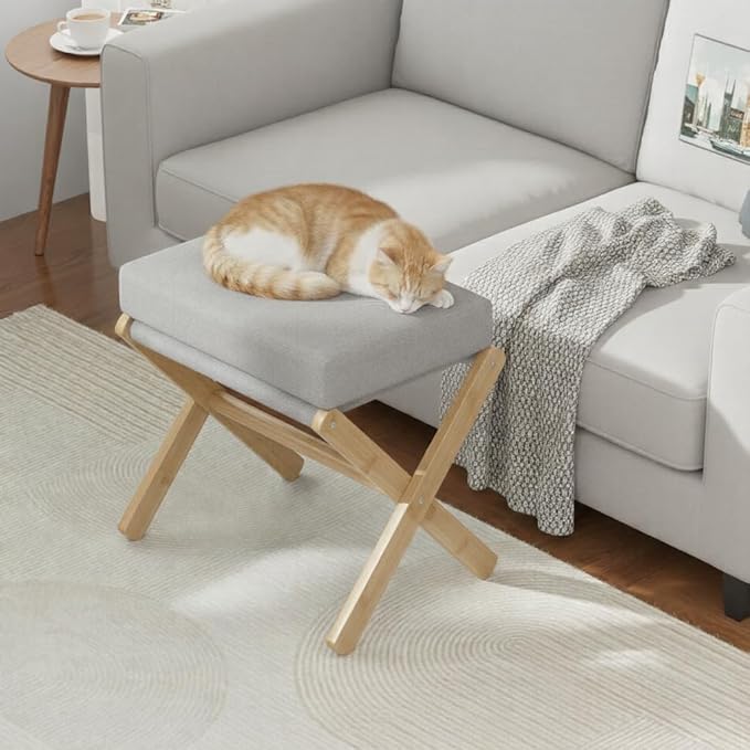 Foldable Foot Stool Ottoman, Modern Foot Rest with Bamboo X Legs & Thick Foam Cushion, Folding Foot Stools Small Padded for Bedroom Living Room, Footstool for Chair Couch (Natural - Grey)