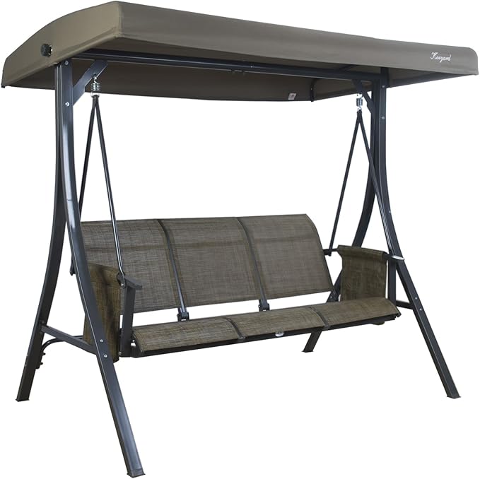 Kozyard Brenda 3-Seat Outdoor Porch Swing Glider, Patio Swing with Adjustable Canopy, Steel Frame, Breathable Textilene Seat & Back, Side Pockets (Taupe)