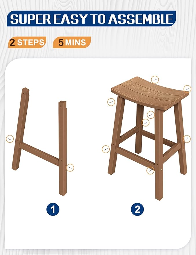Weatherproof Bar Stools Set of 2, 28" Height Outdoor Bar Stools Holds up to 400 lbs, Saddle Seat, Bar Height Stools for Patio, Garden, and Kitchen Island, Teak