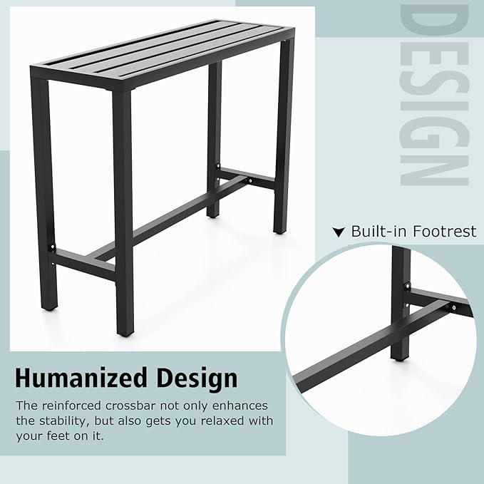 COSTWAY Outdoor Bar Table 48-inch Wide, Narrow Counter Height Dining Table with Waterproof Top and Heavy-Duty Metal Frame, Rectangular Pub Table for Hot Tub Garden Patio Backyard Poolside, Black