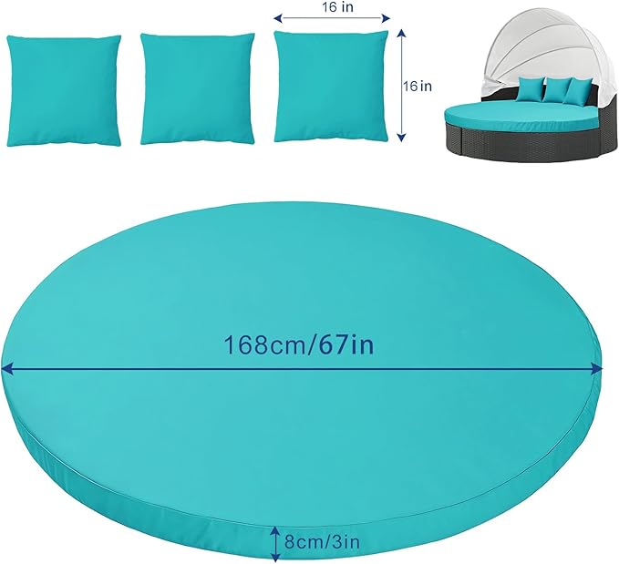 MICTONY Outdoor Daybed Cushion Cover, 66" Replacement Daybed with Elastic Band, Sun Bed Round Cushion ONLY (Daybed NOT Included), Peacock Blue