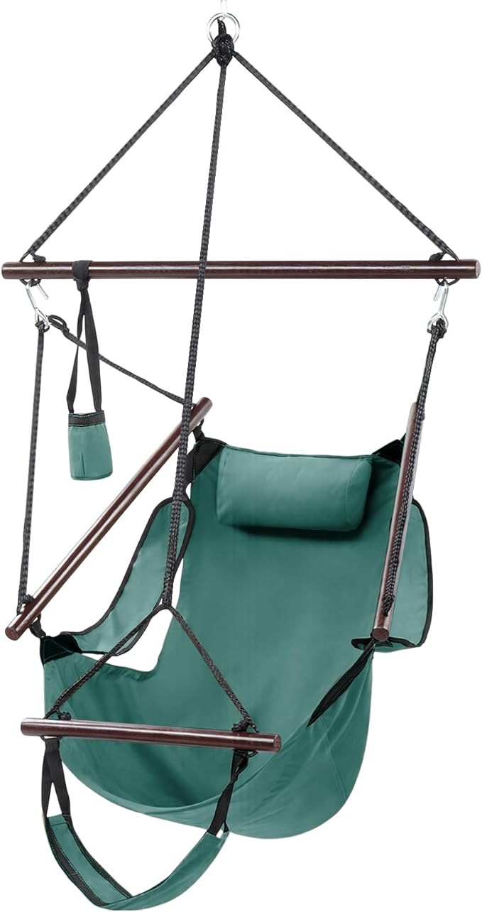 ONCLOUD Upgraded Unique Hammock Sky Chair, Air Deluxe Hanging Swing Seat with Rope Through The Bars Safer Relax with Drink Holder & Fuller Pillow Beech Wood Indoor Outdoor Patio Yard 250LBS (Green)