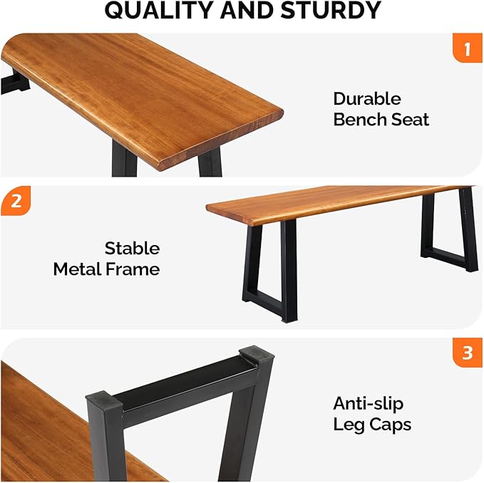 VINGLI Outdoor Bench with Metal Legs Rustic, Wood Dining Bench Indoor Outdoor Porch Bench for Yard Garden Dining (57in)