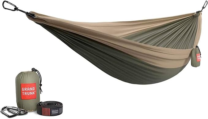 GRAND TRUNK TrunkTech Double Hammock | Ultra-Strong & Lightweight | 11 ft Hammock with Ripstop Nylon | 500 lb Capacity | Fast-Drying & Weather-Resistant | Olive Green/Khaki