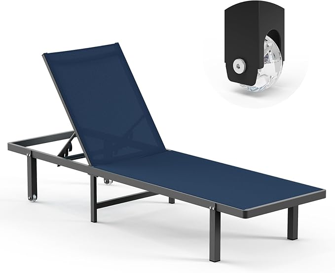 Lounge Chair Outdoor with Wheels, Aluminum Patio Chaise Lounge Chair with 5 Adjustable Backrest - Easy to Move- Pool Lounge Chairs for Deck, Beach, Poolside (NavyBlue)