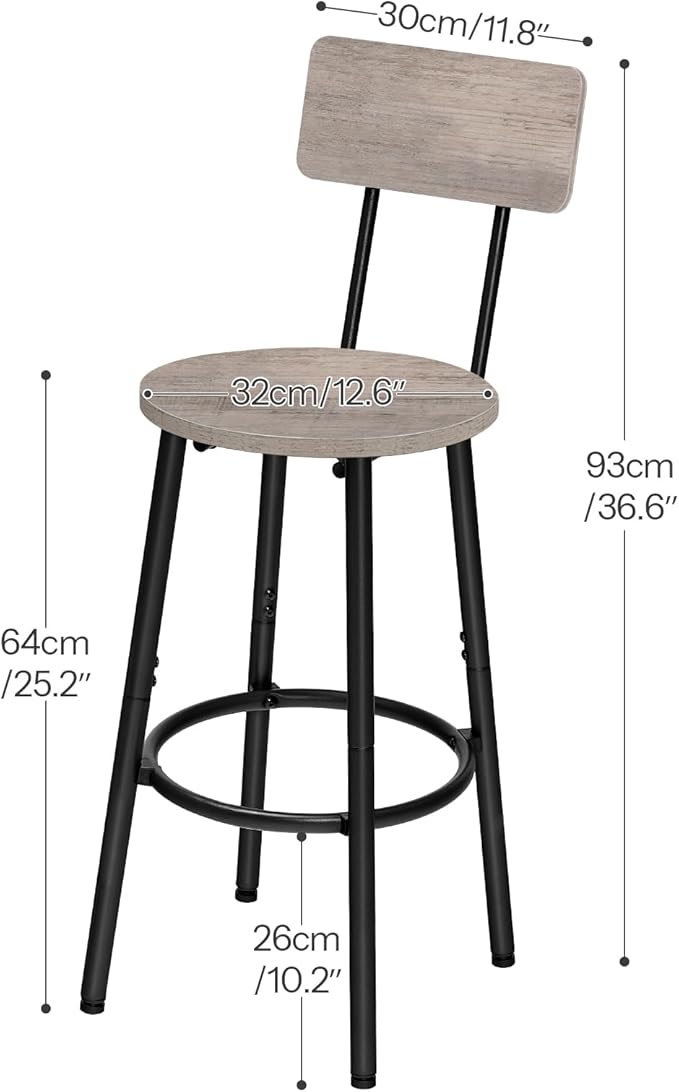 HOOBRO Bar Stools,Set of 2 Bar Stools with Footrest and Back,25.2" Bar Chairs for Kitchen Island, Dining Room,Counter Height Bar Stools, Easy to Assemble, Greige and Black BG32BY01G1