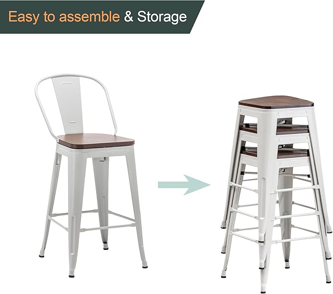 Alunaune 24" Swivel Metal Bar Stools Set of 4 High Back Counter Height Barstools Industrial Dining Bar Chairs with Large Wooden Seat-White