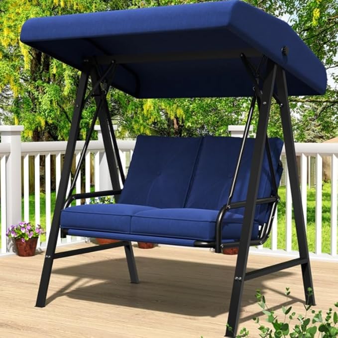AECOJOY 2-Seat Outdoor Patio Swing Chair with Adjustable Canopy, Porch Swings Chairs for Adult, Outside Swing Bench with Removable Cushion, Suitable for Backyard, Garden, Yard, Poolside, Balcon, Blue