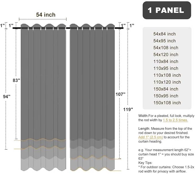 BONZER Outdoor Waterproof Curtains for Patio Extra Wide Grommet Light Filtering Outside Curtains for Gazebo, Porch, Pergola, Pavilion, 1 Panel, 150W x 95L inch, Black