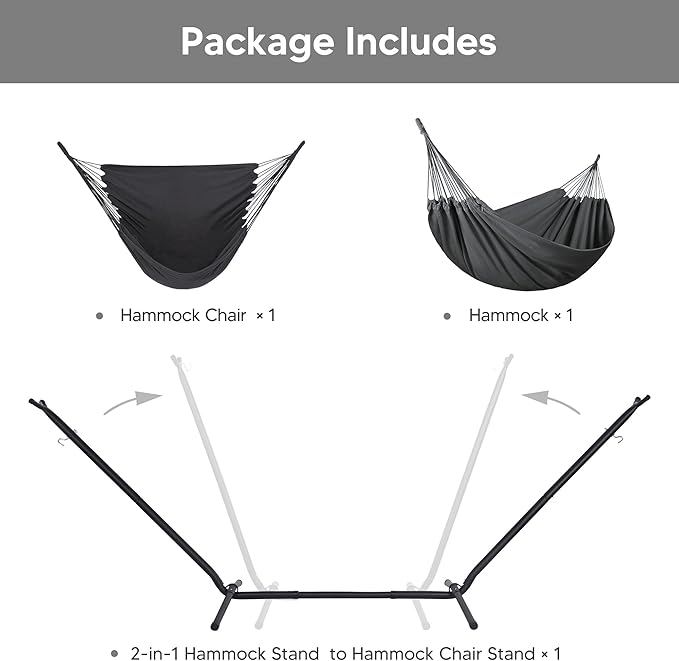 SUNCREAT 2-in-1 Hammocks Convertible Portable Double Hammock with Stand Included, Outdoor Hammock and Stand, Patented, Dark Grey