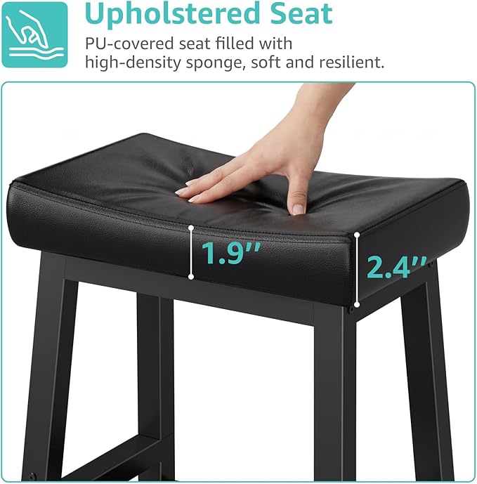 24 Inch Bar Stools Set of 2 for Kitchen Island, Kitchen Chairs Counter Height Stools with Footrest, Black Saddle Leather Barstools Heavy Duty for Dining Table Farmhouse Outdoor