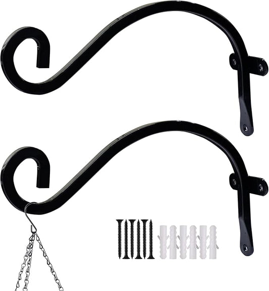 Hourleey 2 Pack Plant Hanger Outdoor, 8 Inch Heavy-Duty Hanging Plant Hook for Outside Basket, Black Metal Wall Mount Plant Bracket Hook for Flower Baskets Bird Feeder