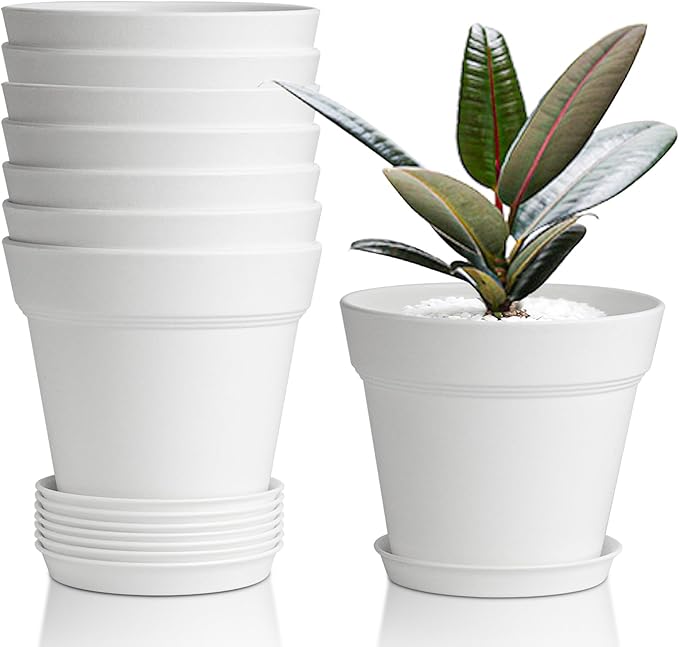 T4U 4 Inch Plant Pots 8-Pack, Small Flower Pots with Drainage Hole and Saucer, Decorative Nursery Pot Bulk for African Violet, Snake Plant, Succulent, Herb and Plants Indoor (8 Pcs 4" Pots, White)