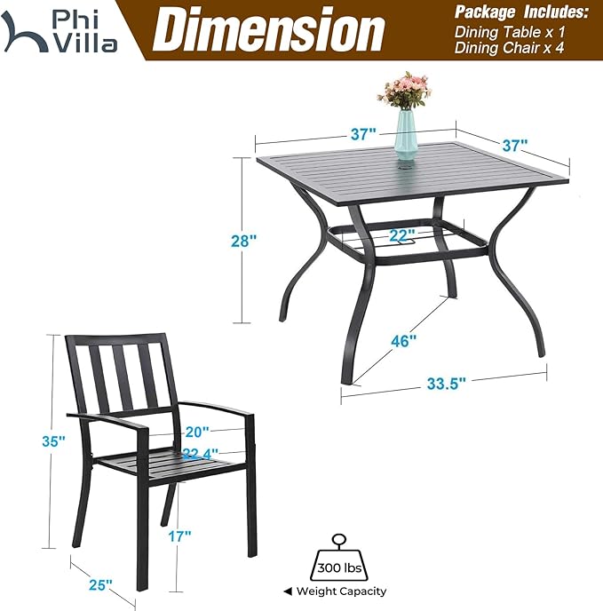 PHI VILLA 5 Piece Outdoor Dining Table Set for 4, 37” Black Square Metal Table with Umbrella Hole & Stackable Wrought Iron Chairs, Outside Furniture Set for Patio, Deck, Porch, Backyard