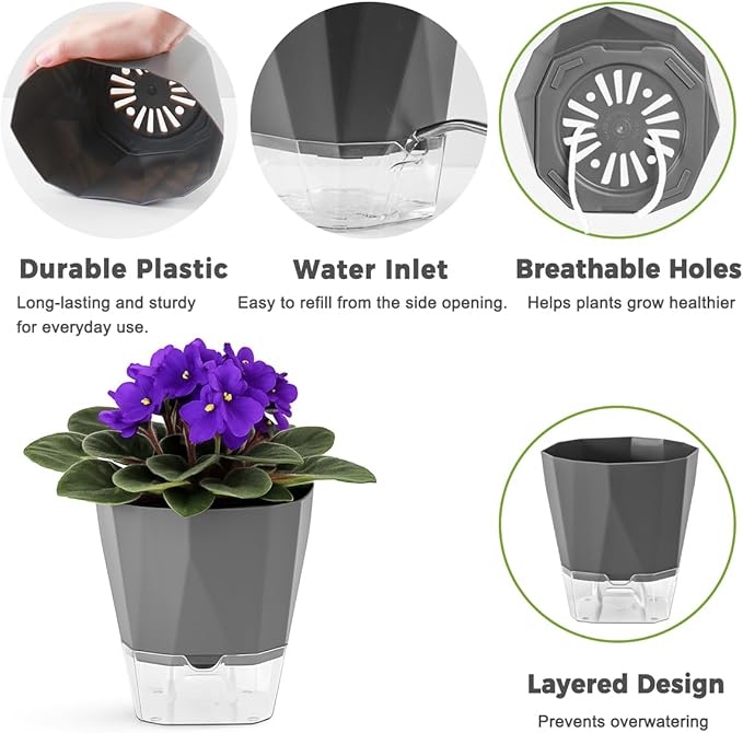 10 Pack Self Watering Pots for Indoor Plants, 6.7 Inches Self Watering Planters African Violet Pots Clear Pots for Herb Orchid Flower Houseplant, Dark Grey