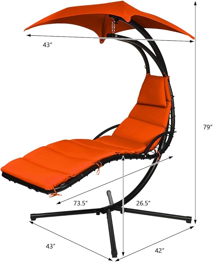Giantex Hanging Chaise Lounger Chair, Arc Stand Porch Swing Chair w/Canopy, Cushion Built-in Pillow, Outdoor Freestanding Swing Hammock Chair for Patio Poolside Backyard Garden (Orange)