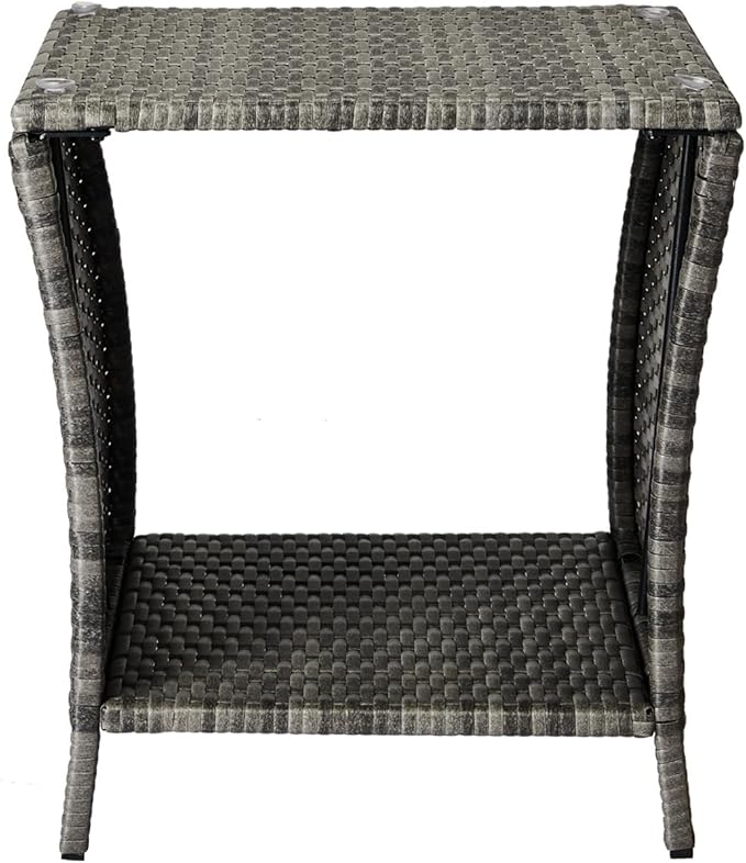 Wicker Rattan Side Table, Outdoor Square Rattan Coffee End Table with Tempered Glass Top and Storage for Patio Porch Lawn (Gray)