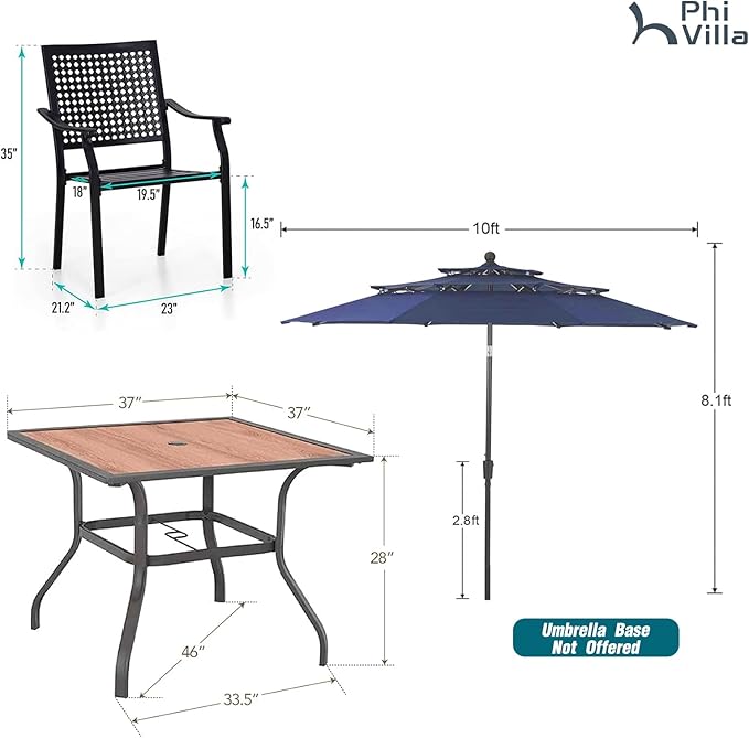 PHI VILLA 5 Pieces Outdoor Dining Set for 4 with Umbrella, 37" Square Wood-Like Steel Table & Stackable Iron Chairs with Cushions & 10ft Blue Umbrella, Modern Furniture for Patio, Deck, Yard, Porch