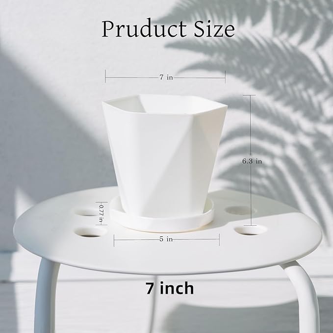 InmeRun Plant Pots Indoor Plastic Flower Pots Outdoor 7 inch Set of 12 Pack with Drainage Holes and Saucers for Garden Pots (7 in 12 White)