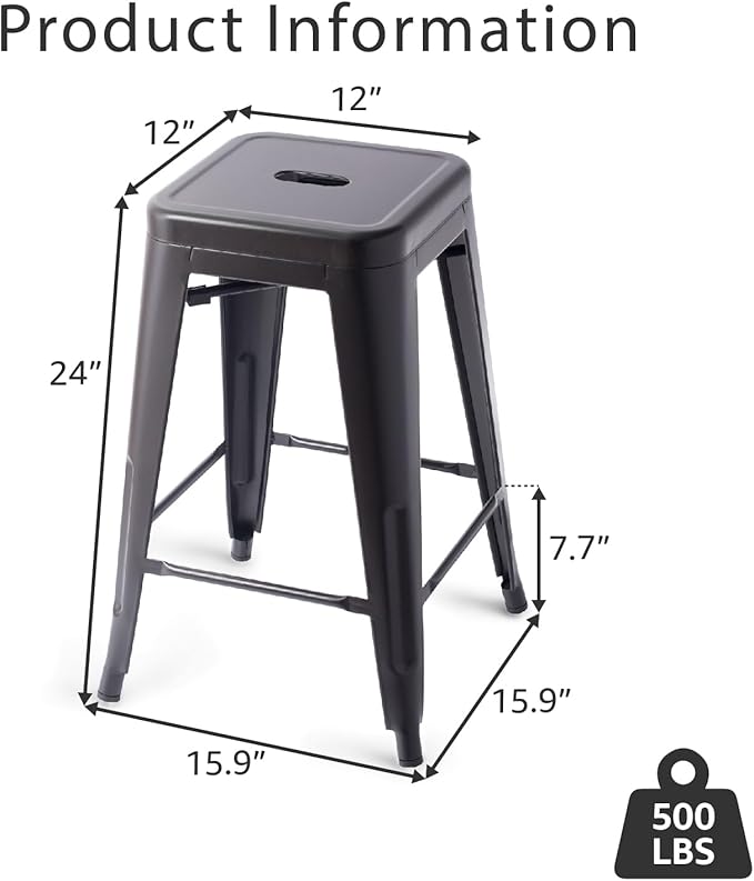 Stackable Metal Bar Stool Backless Indoor-Outdoor Counter Stools Fullmetal Dinning Chairs Set of 4 (Black, 24 Inch)