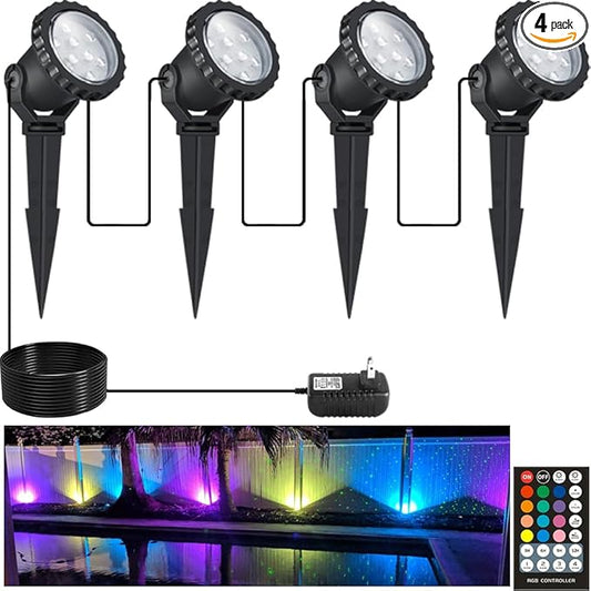 Spotlights Outdoor, RGB Color Changing Landscape Lights 12W 800lm 120V Plug in LED Spot Lights with Remote, IP66 Waterproof Outdoor Lights for Tree Yard House Flag Garden, 46.5ft Cord, 4 Pack