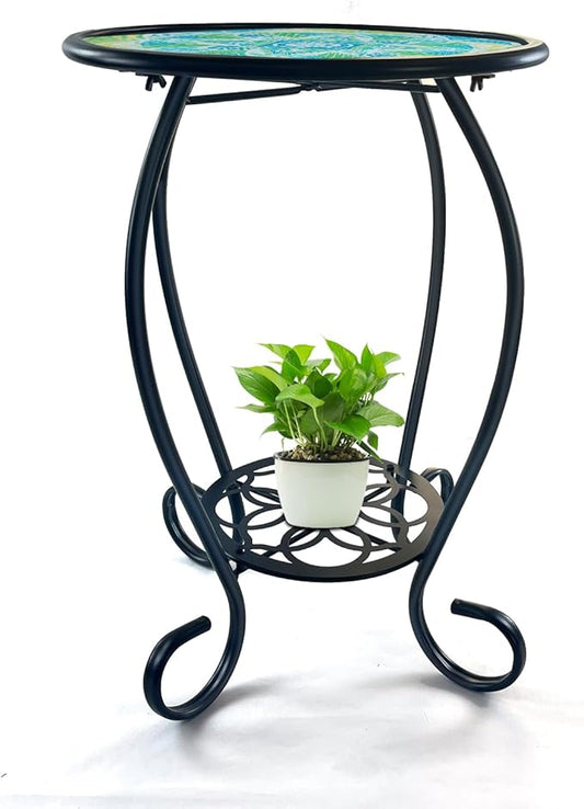 LIFFY Mosaic Outdoor Side Table, 14" Round Flower Patio Side Table, Mosaic Plant Stand, End Table W/Storage Shelf, Small Bistro Coffee Table for Garden Yard Porch Living Room