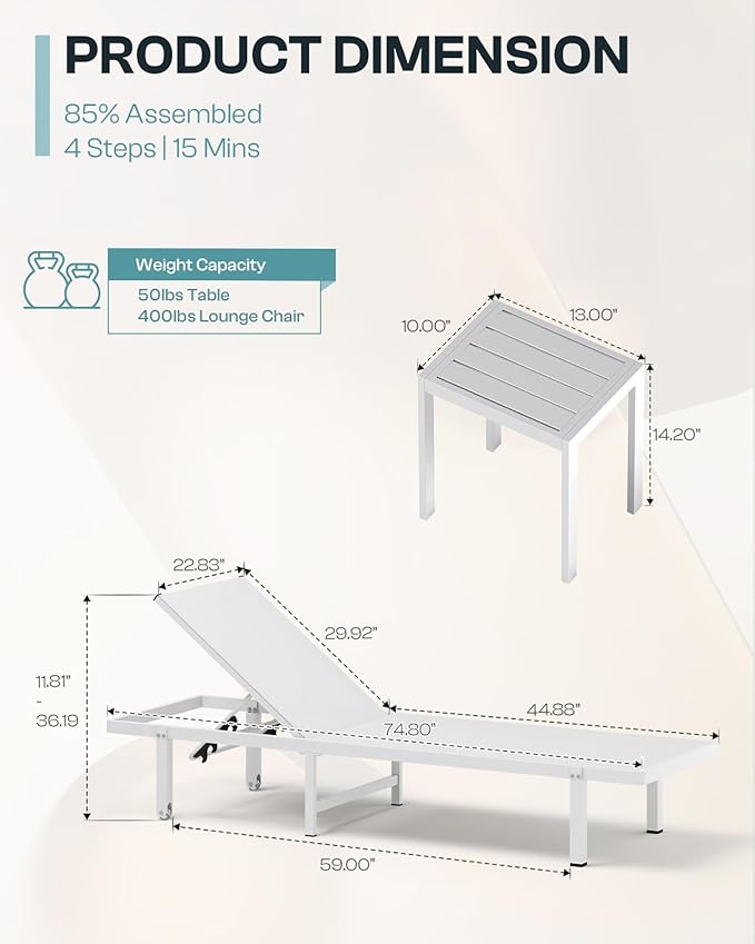 Lounge Chair Outdoor with Wheels, Aluminum Patio Chaise Lounge Chair with 5 Adjustable Backrest - Easy to Move- Pool Lounge Chairs for Deck, Beach, Poolside (White)