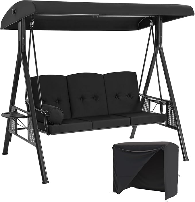 AECOJOY Outdoor Porch Swing with Cover, 3-Seat Patio Swings with Adjustable Canopy, Outside Swing for Adult with Black Removable Cushions for Backyard, Garden, Yard, Poolside, Balcony