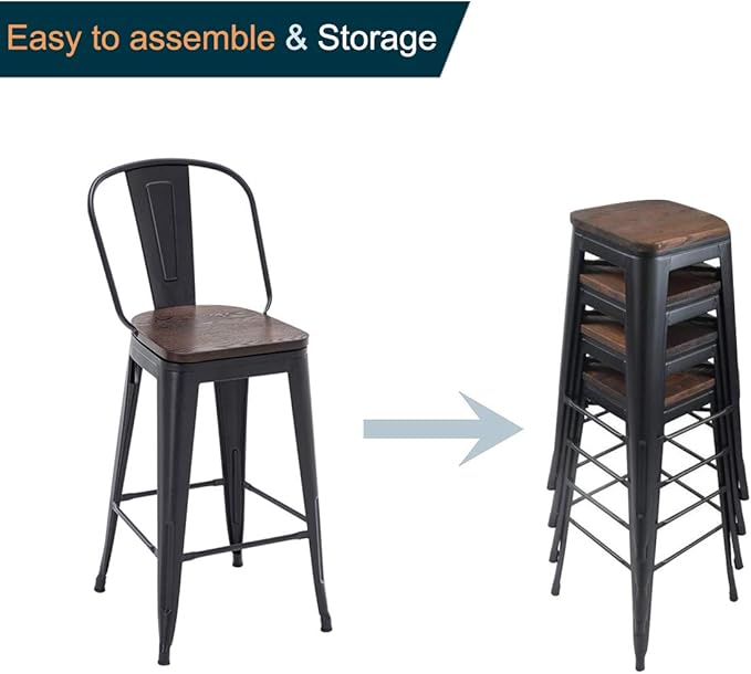 Alunaune 30" Swivel Metal Bar Stools Set of 4 High Back Counter Height Barstools Industrial Dining Bar Chairs with Large Wooden Seat-Matte Black